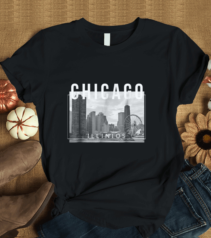 Chicago Illinois Skyline Navy Ferris Wheel Landscape T-Shirt