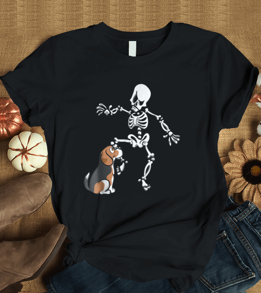 Beagle Playfully Biting Skeleton's Leg in Humorous Halloween Scene T-Shirt