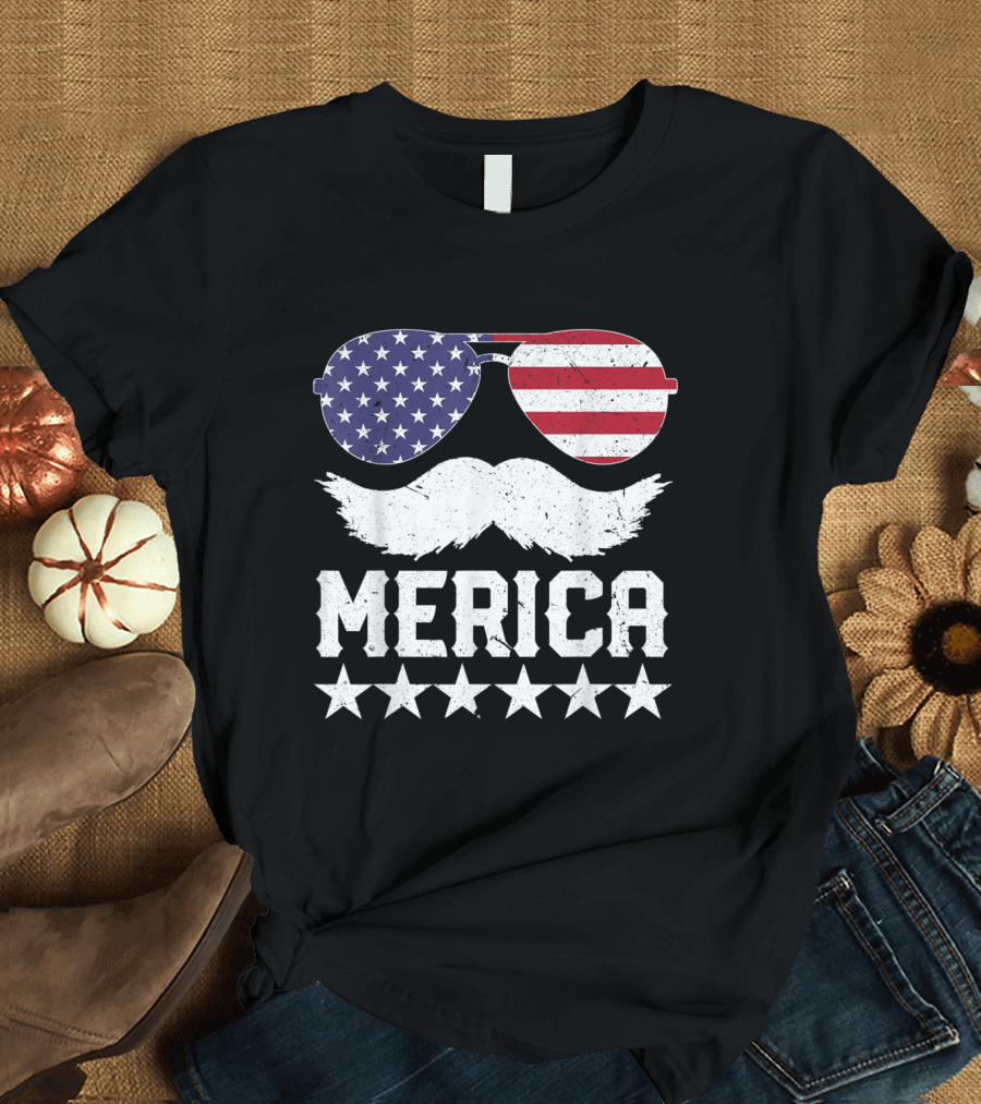 MERICA Patriotic Sunglasses Mustache Stars USA Flag 4th of July T-Shirt