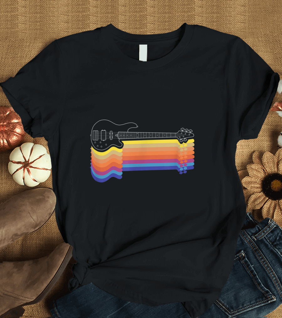 5 String Bass Guitar with Vintage Retro Rainbow Stripes for Bass Player T-Shirt