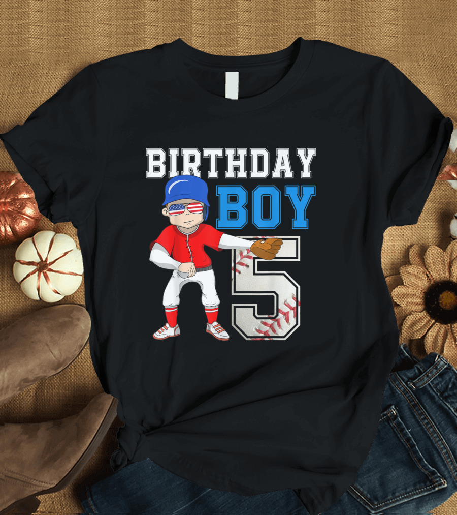 Birthday Boy 5 Year Old Baseball Flossing Kid with American Flag Glasses T-Shirt
