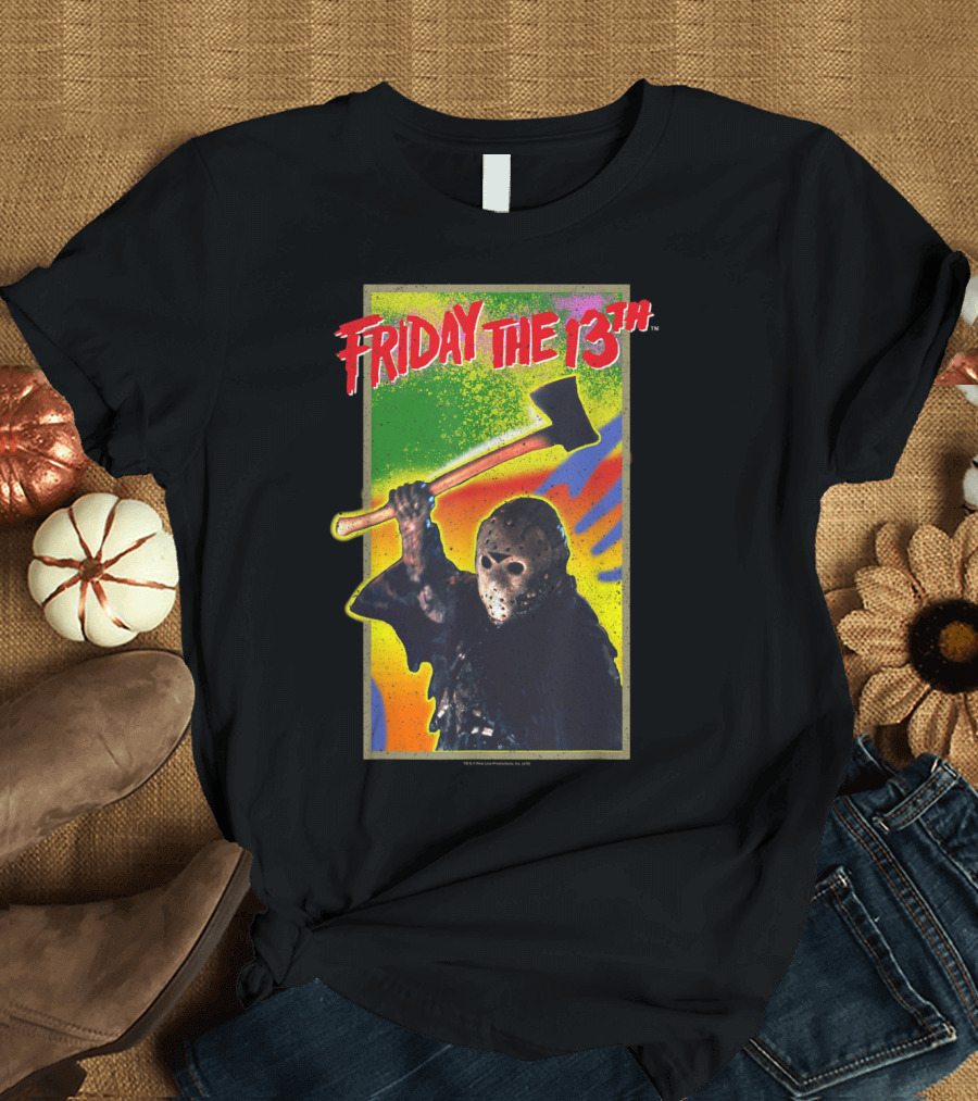 Friday the 13th Masked Figure with Axe Vibrant Background T-Shirt