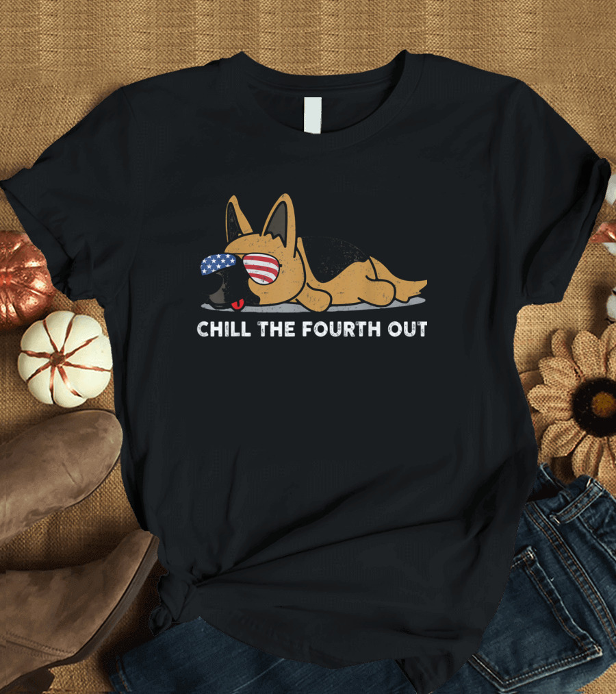 Chill The Fourth Out German Shepherd with Patriotic Sunglasses T-Shirt