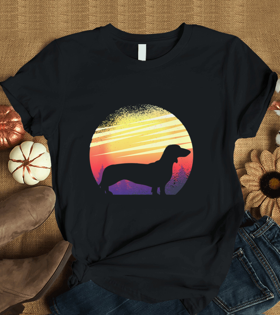 Dachshund Silhouette Against Vibrant Sunset for Dog Breeder Pet Enthusiasts T-Shirt