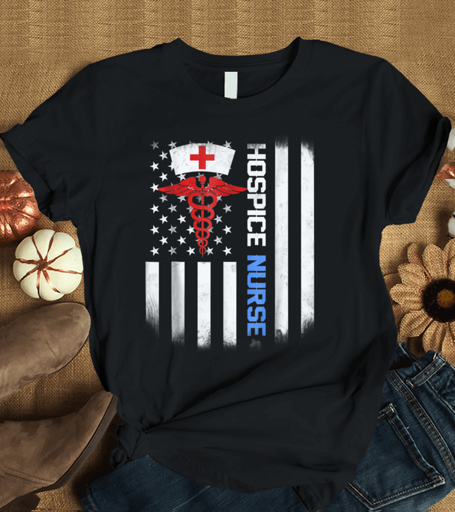Hospice Nurse American Flag Caduceus and Nurse Cap T-Shirt