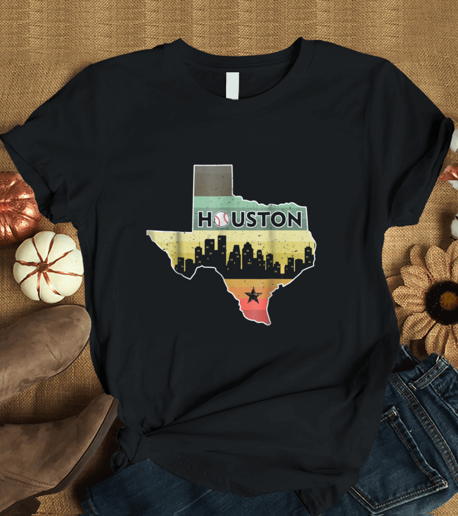 Houston Skyline Baseball Texas Map T-Shirt