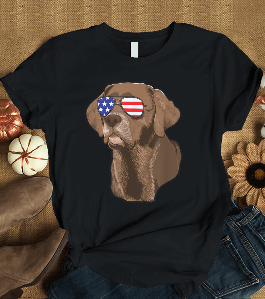 Chocolate Lab Labrador Dog with American Flag Sunglasses T-Shirt