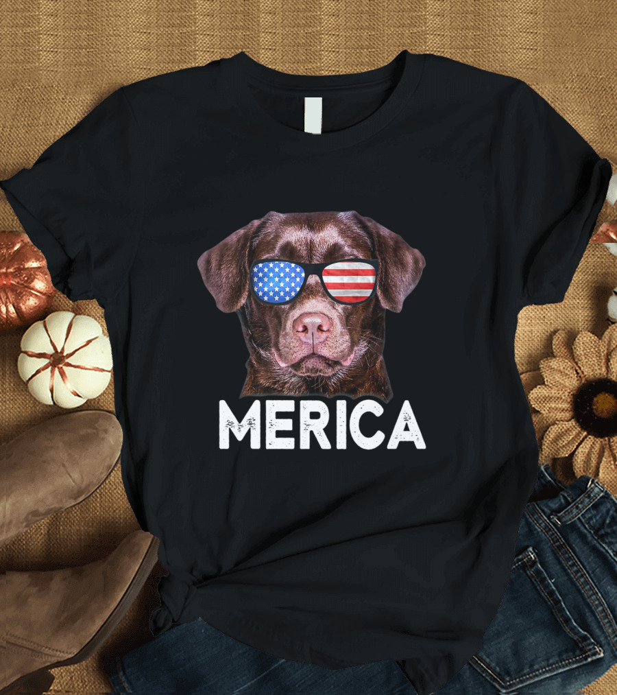Merica Chocolate Lab Dog with USA Flag Sunglasses 4th July T-Shirt