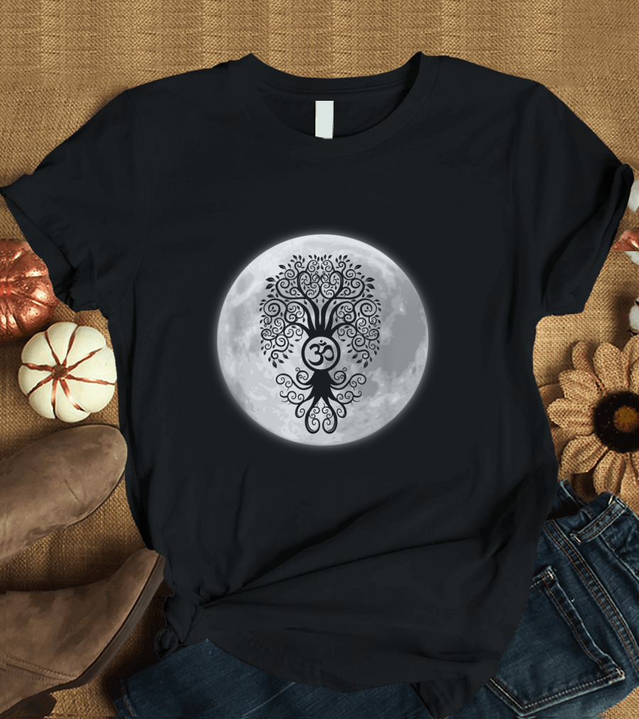 Om Symbol Tree with Full Moon Bodhi Yoga Meditation T-Shirt
