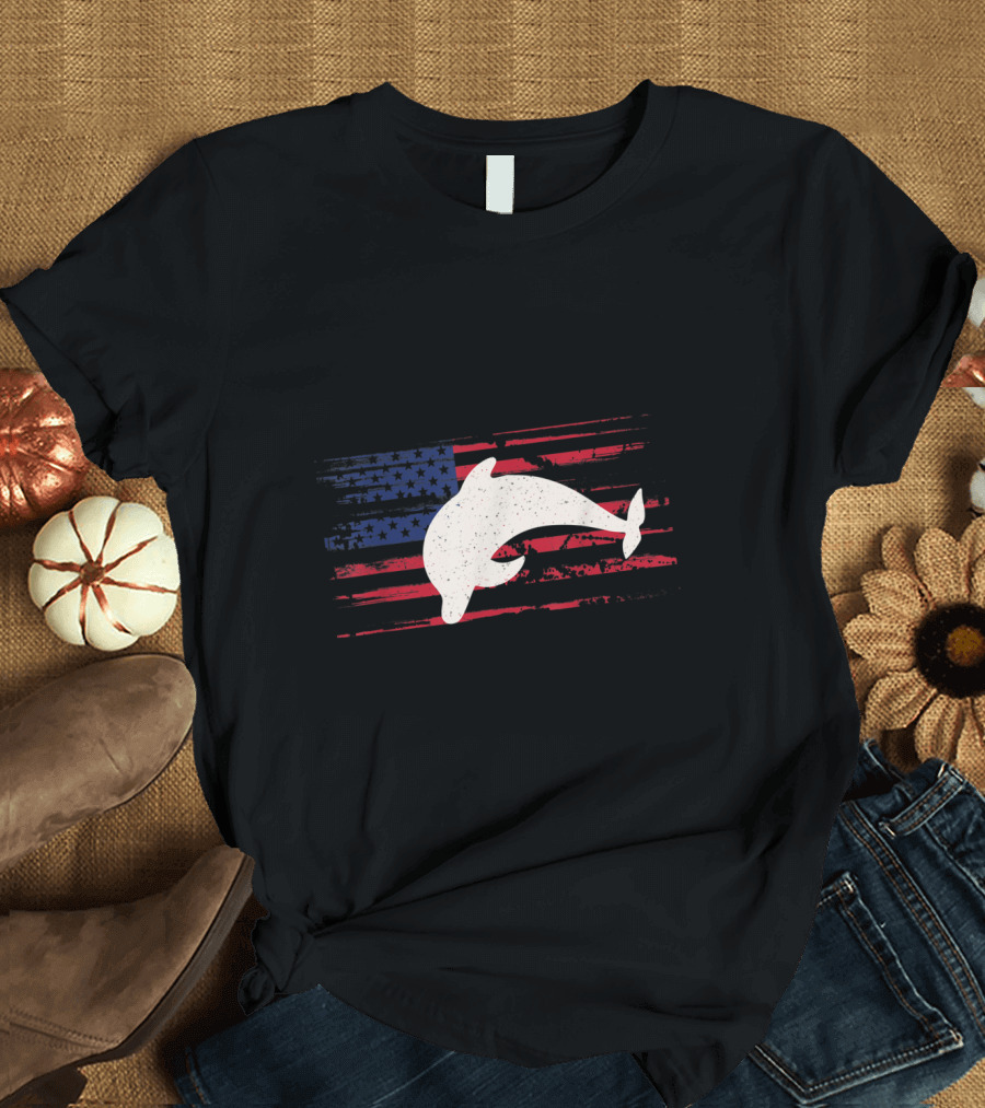 Dolphin Silhouette Overlay on Distressed US American Flag Beluga T-Shirt
