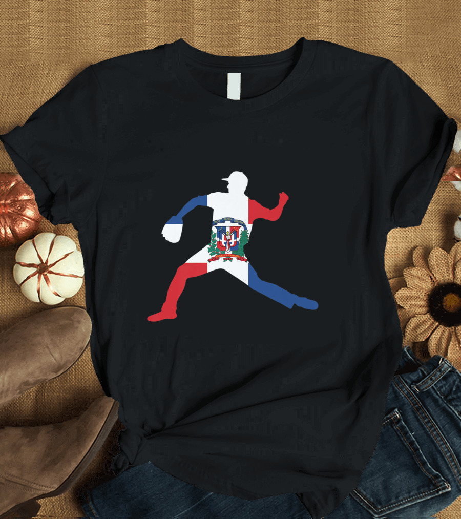 Baseball Pitcher Silhouette Dominican Flag Dominican Republic Emblem T-Shirt