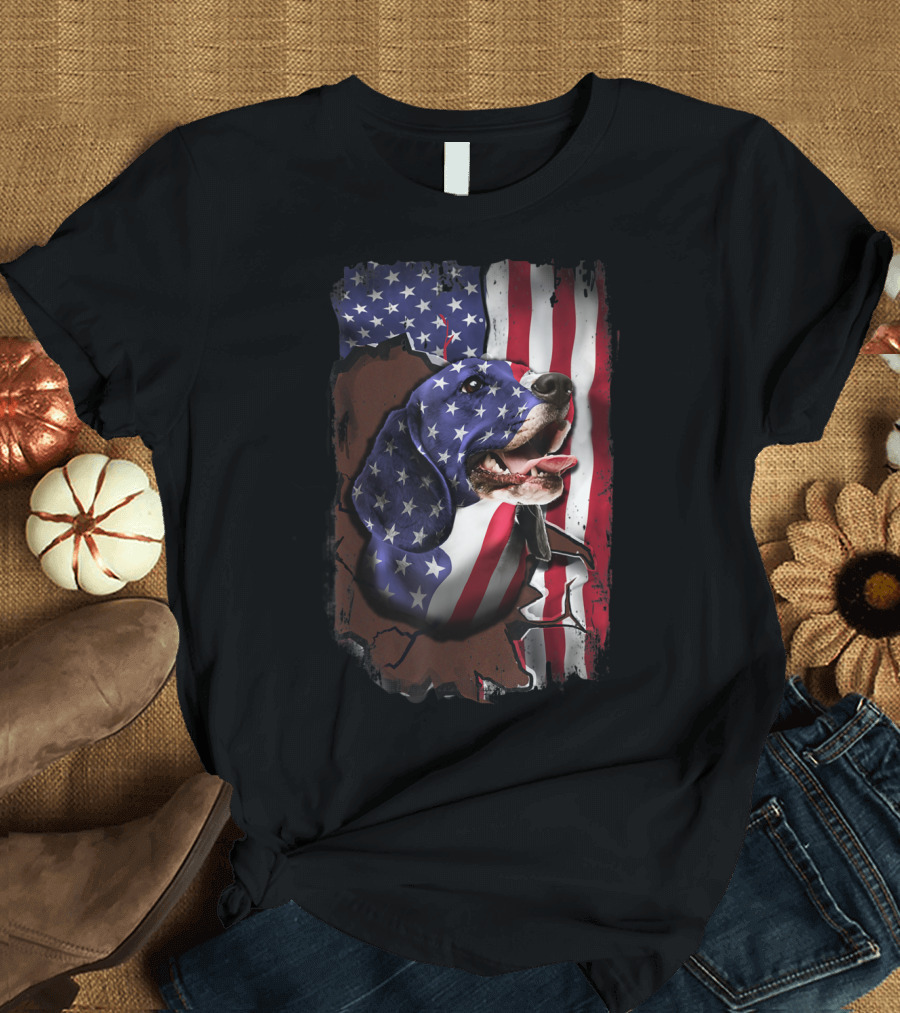 Beagle Bursting Through American Flag T-Shirt
