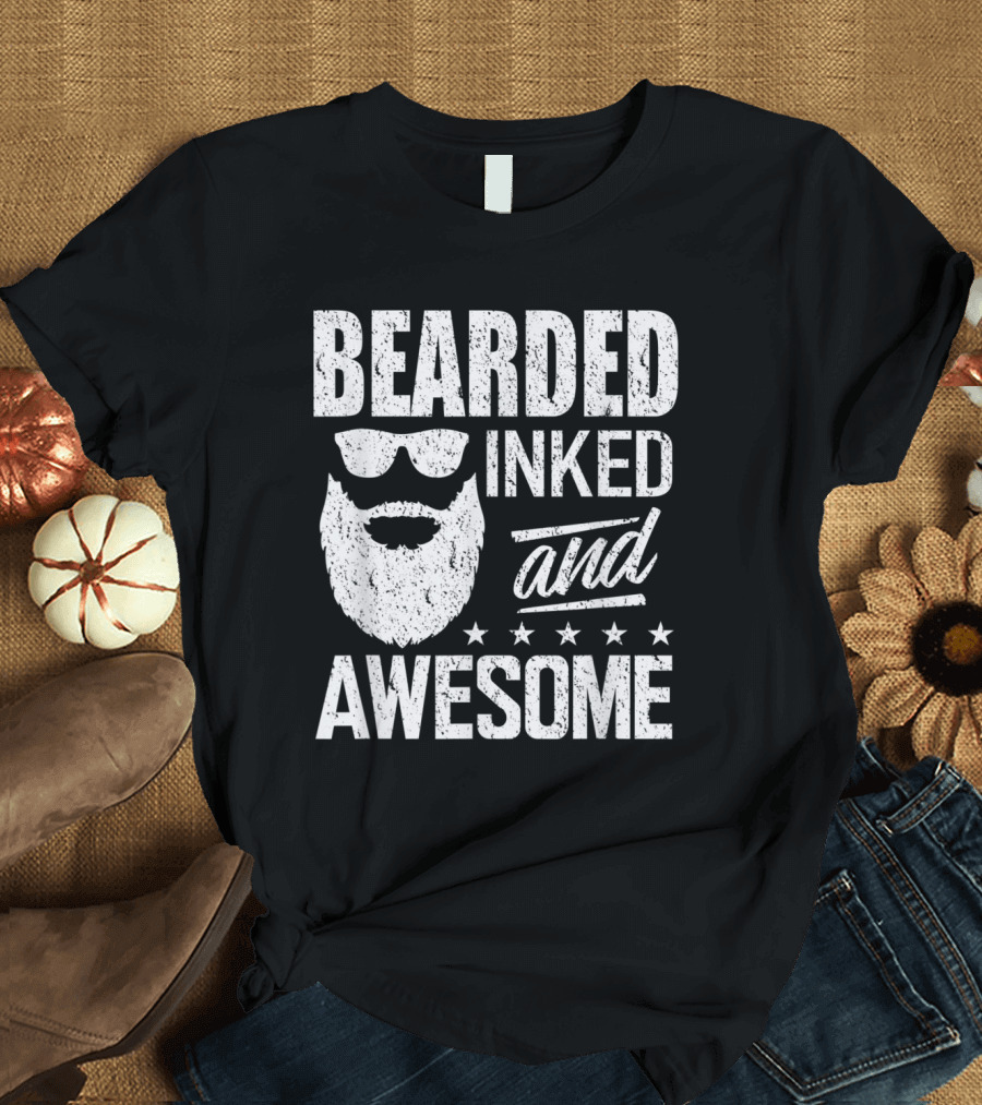 Bearded Inked and Awesome with Sunglasses Beard and Stars T-Shirt