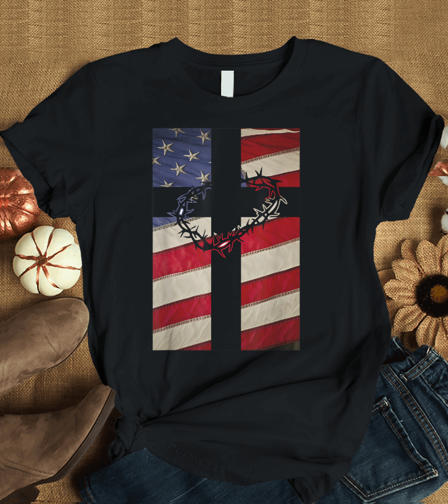 American Flag Cross with Crown of Thorns Christian Patriotic New Chris T-Shirt