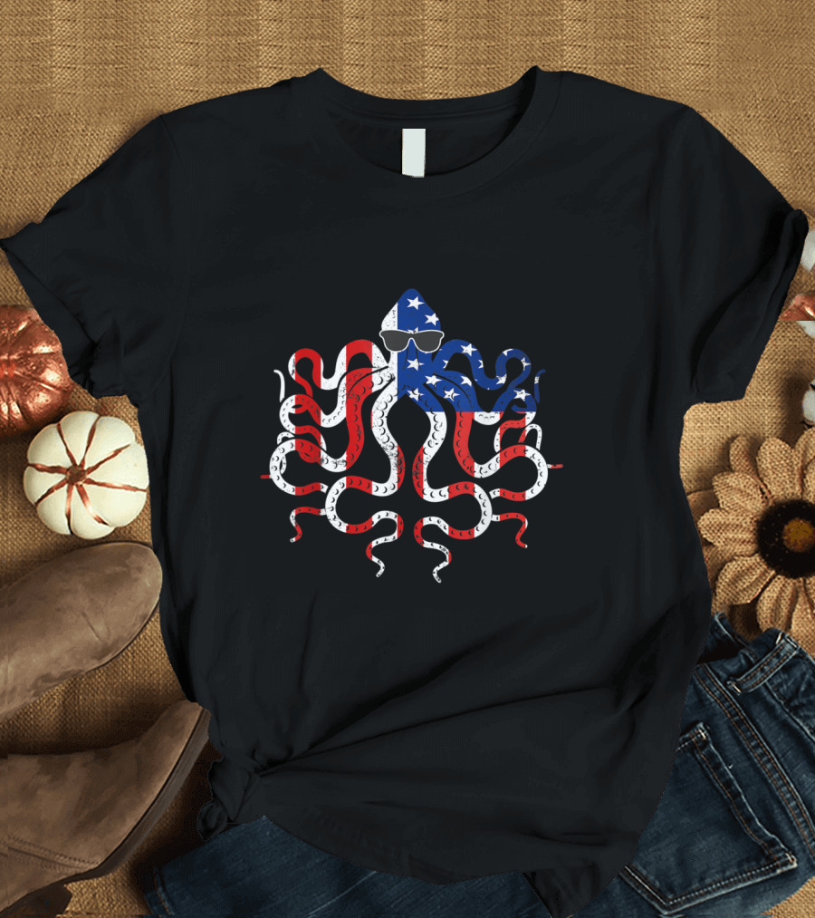 Funny Patriotic Octopus with American Flag Colors and Sunglasses for 4th of July T-Shirt