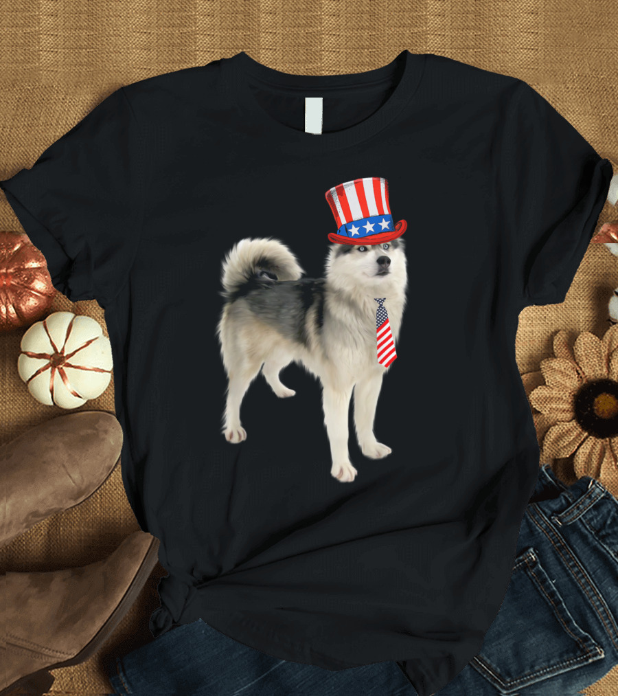 Husky with Patriotic Top Hat and American Flag Tie for 4th of July T-Shirt
