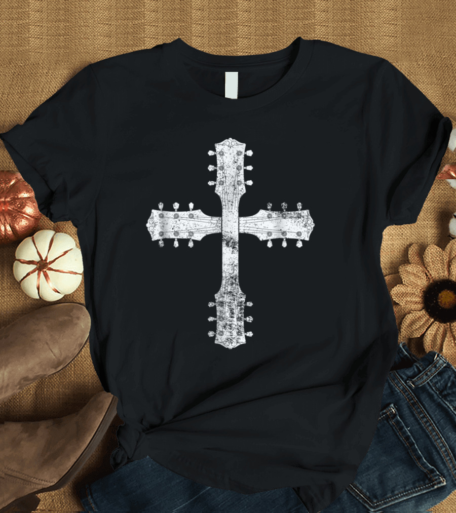 Christian Worship Team Guitar Cross Design with Vintage Artistic T-Shirt