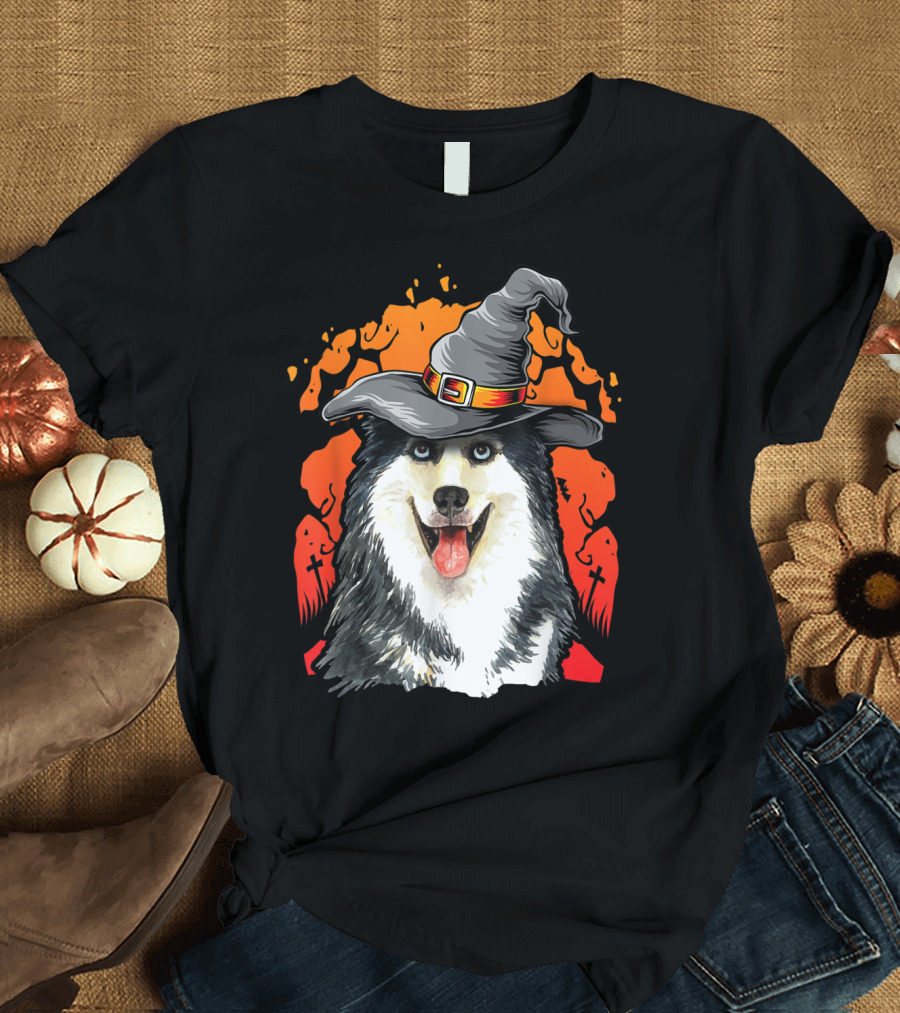 Husky Witch Hat Halloween Graveyard Scene T-Shirt