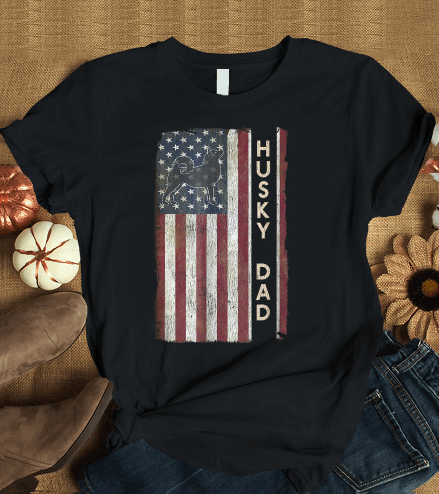 Husky Dad Patriotic American Flag Stripes with Dog T-Shirt