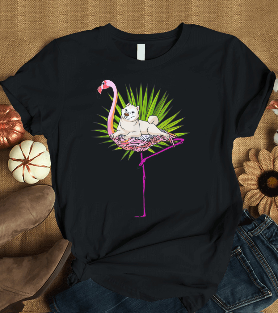 Playful Akita on Flamingo with Palm Background T-Shirt
