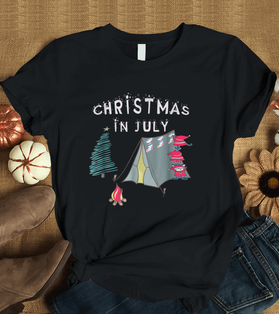 Christmas in July Camping with Santa Near Festive Tree and Campfire T-Shirt