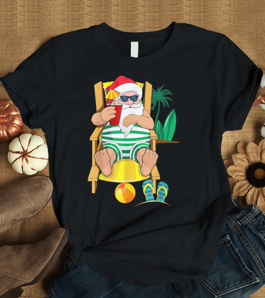 Santa Relaxing in Tropical Beach Chair with Drink and Striped T-Shirt