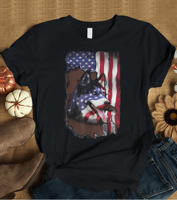 T-Shirt: Husky Breaking Through American Flag Stars And Stripes Graphic Integration T-Shirt Husky Breaking Through American Flag Stars And Stripes Graphic Integration T-Shirt