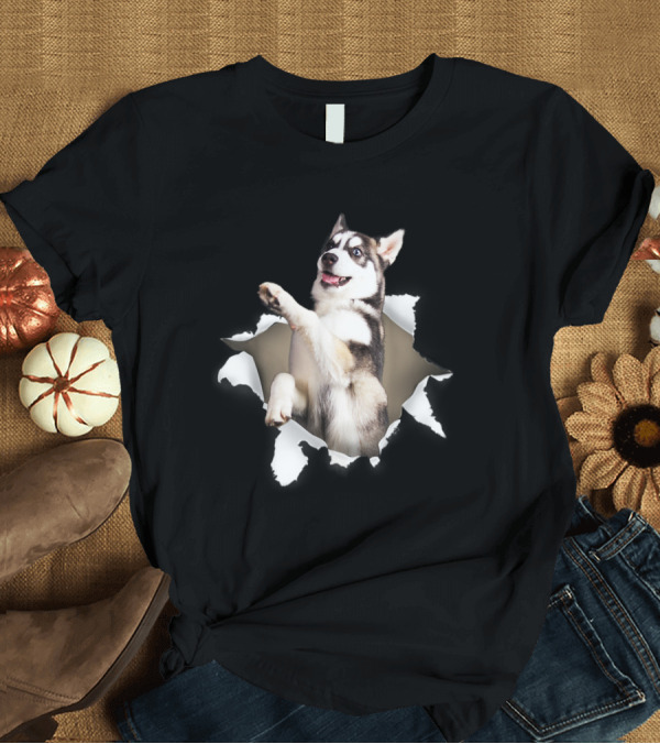 T-Shirt: Husky Torn Paper Effect Playful 3D Illusion Image T-Shirt Husky Torn Paper Effect Playful 3D Illusion Image T-Shirt