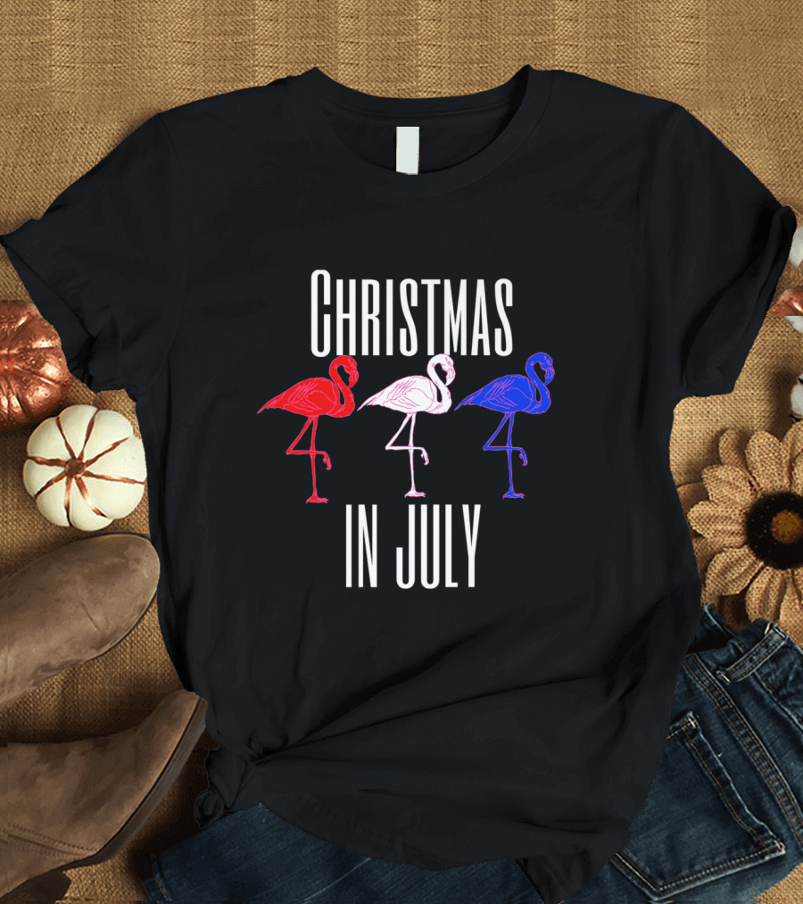 Christmas in July Funny Red White Blue Flamingos T-Shirt