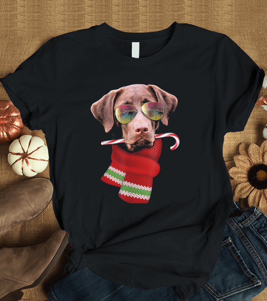 Labrador with Sunglasses and Candy Cane in July Christmas T-Shirt