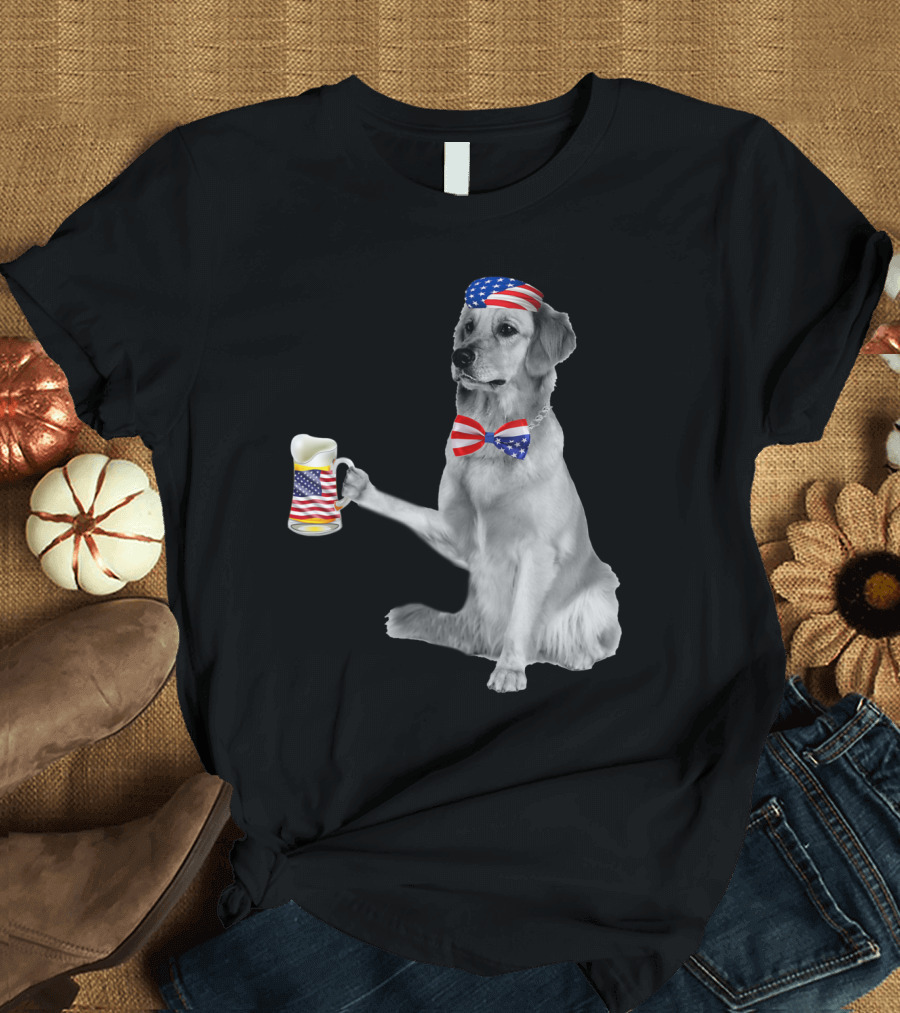 Golden Retriever with American Flag Accessories Holding Beer Mug T-Shirt
