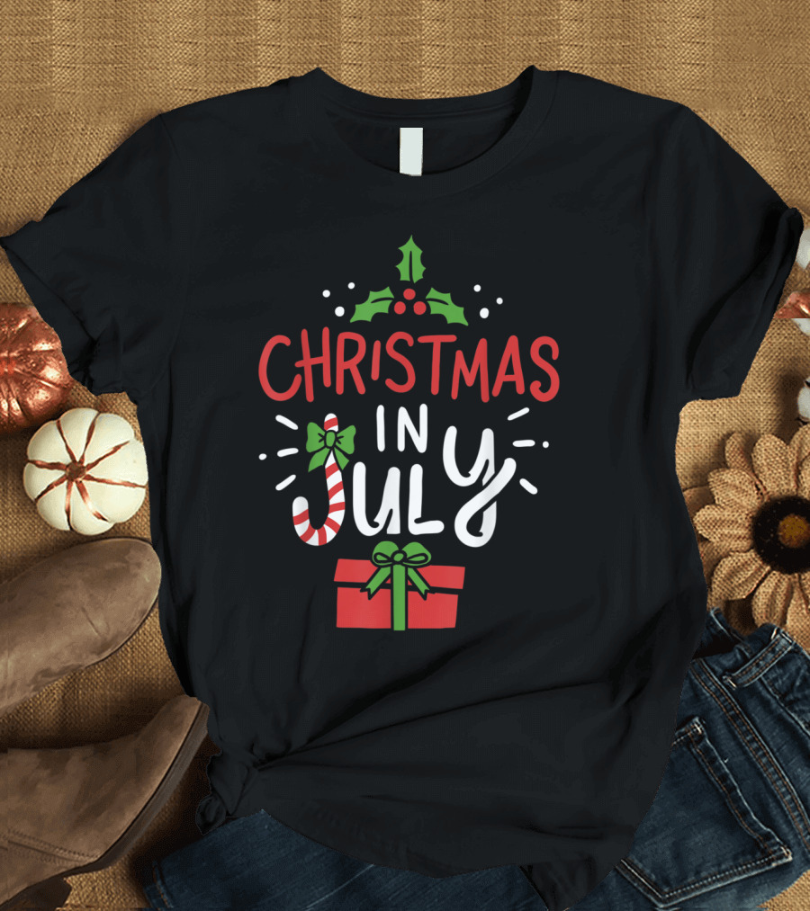 Christmas In July Candy Cane Holly Gift Box T-Shirt
