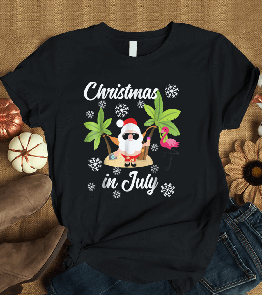 Christmas in July Tropical Santa and Flamingo with Palm Trees and Snowflakes T-Shirt