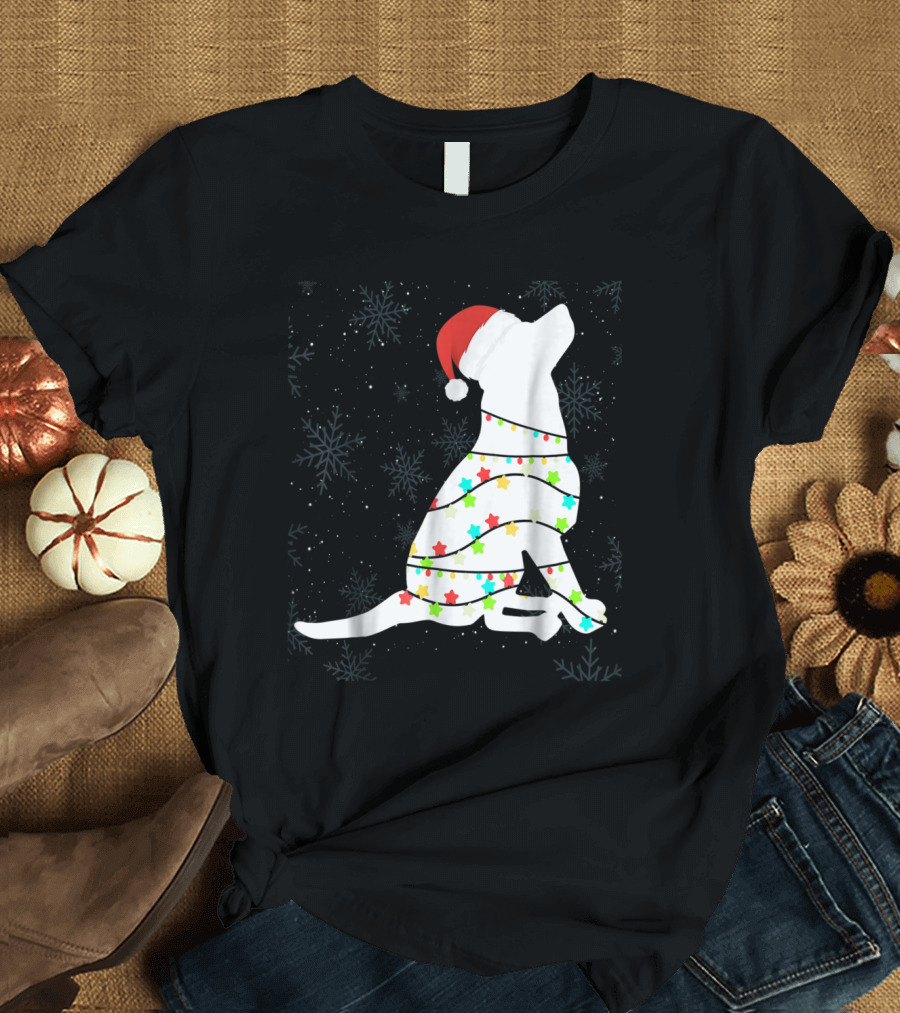 Labrador Retriever Wrapped in Christmas Lights and Santa Hat with Snowflakes T-Shirt