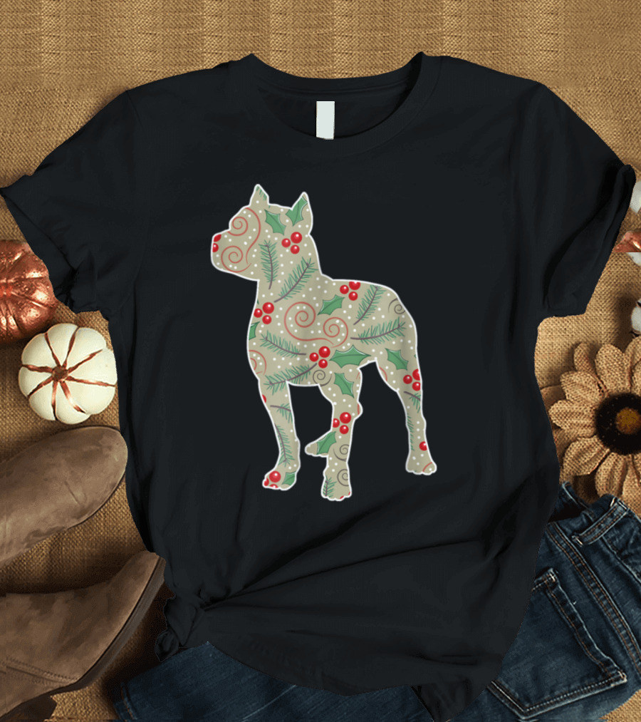 Christmas Pitbull Festive Holly and Evergreen T-Shirt