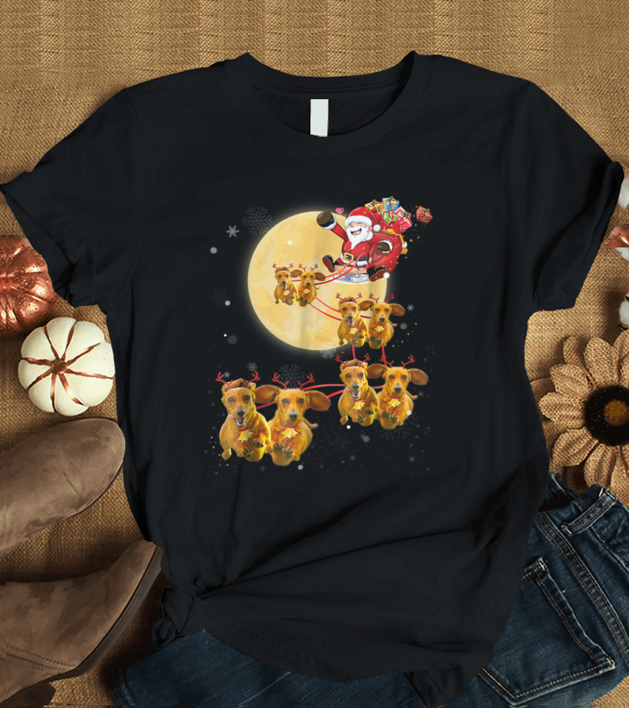 Santa's Sleigh Pulled by Reindeer Dachshund Dogs Against Full Moon T-Shirt