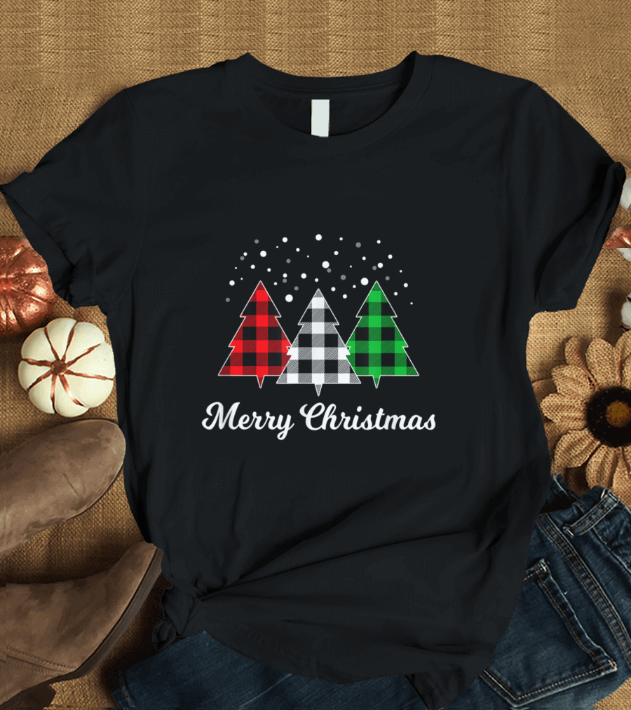 Merry Christmas Buffalo Plaid Trees with Falling Snowflakes T-Shirt