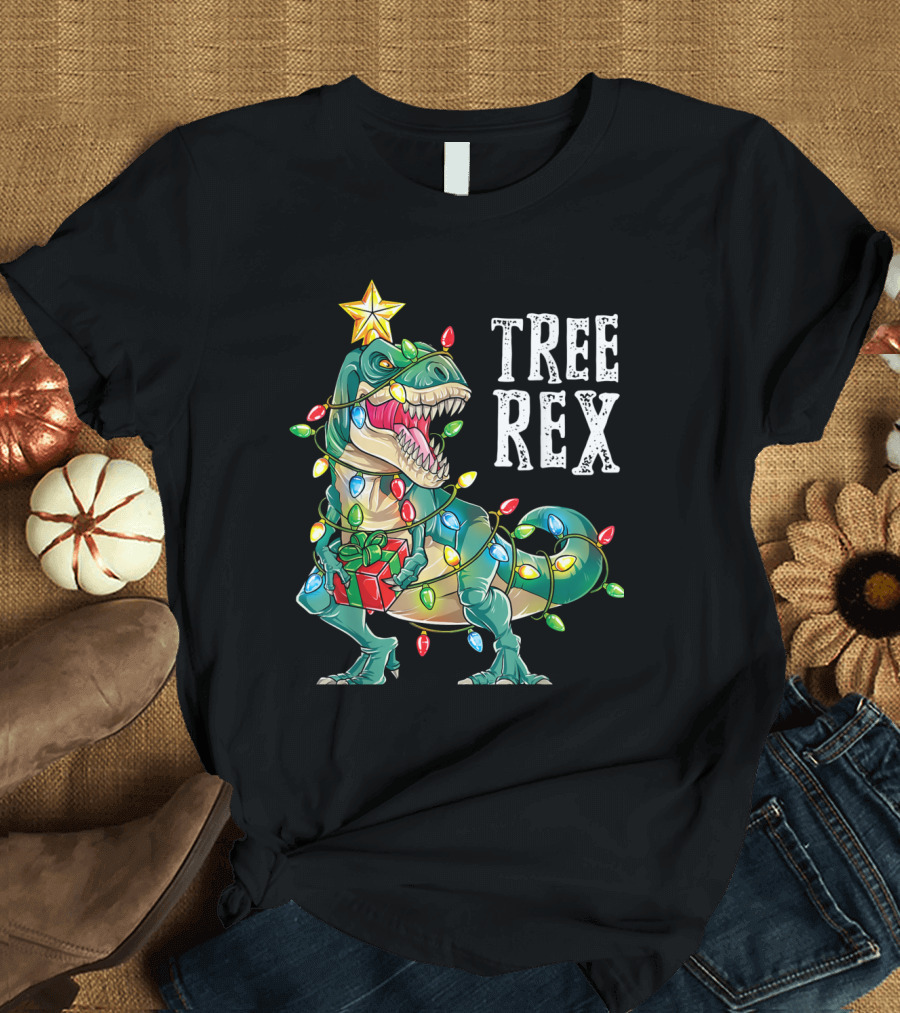 Christmas Tree Rex Dinosaur with Lights and Star T-Shirt