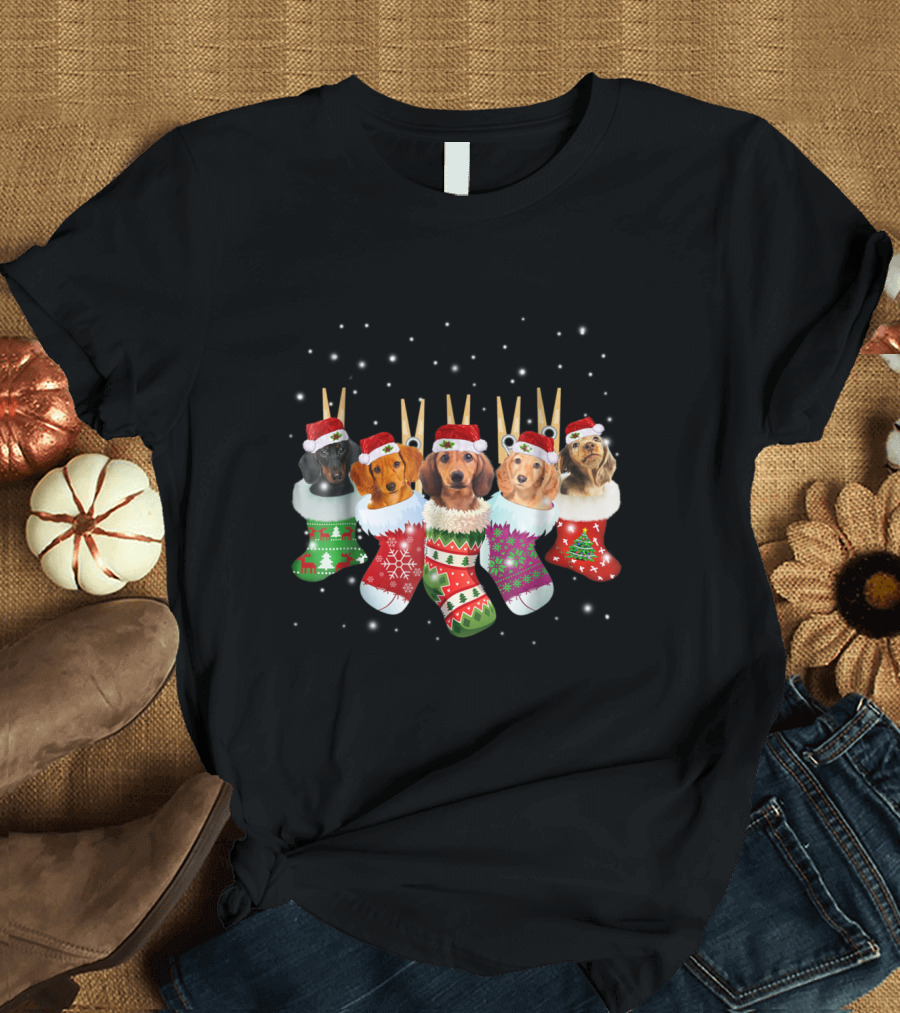 Christmas Dachshund Puppies in Festive Holiday Socks with Santa Hats T-Shirt