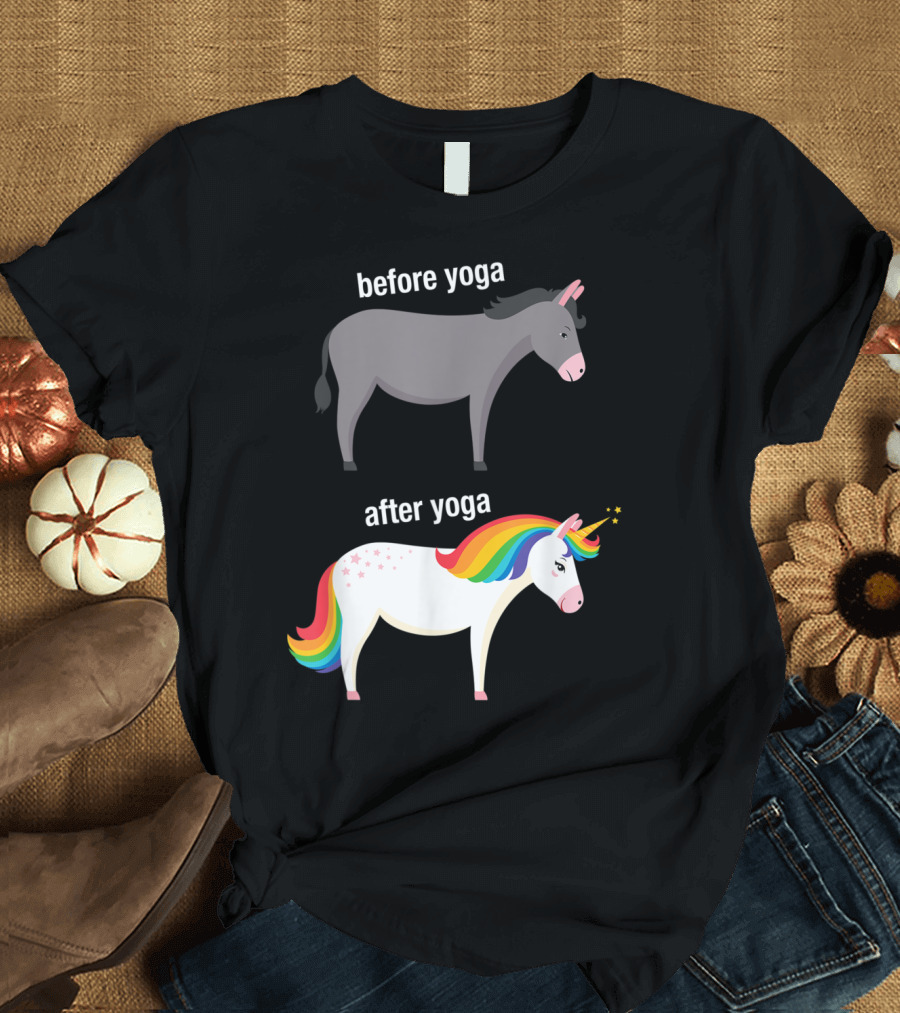 Before Yoga Gray Donkey After Yoga Rainbow Unicorn Transformation T-Shirt