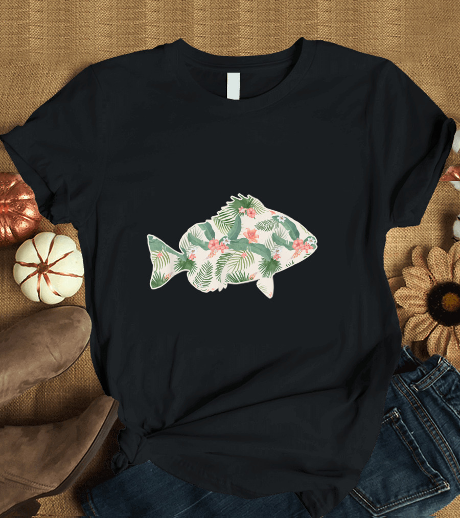 Cichlid Fish with Tropical Floral Pattern and Foliage Elements T-Shirt