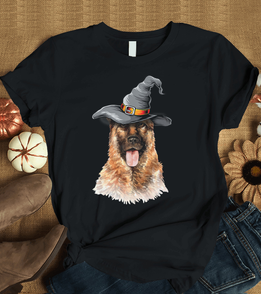 German Shepherd with Witch Hat Halloween Costume Ideas T-Shirt