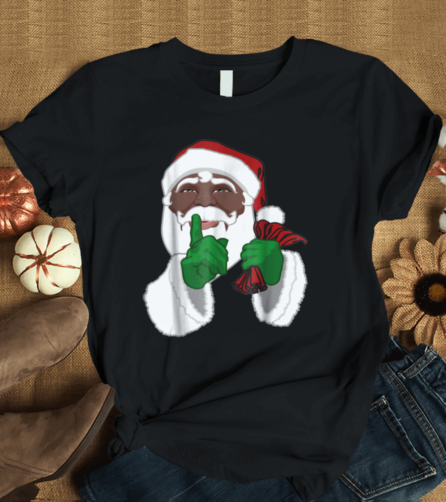 African American Santa with Green Gloves and Red Sack T-Shirt