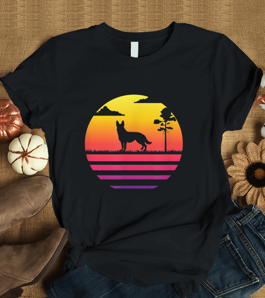German Shepherd Silhouette with Vintage Sunset and Nature Scene T-Shirt