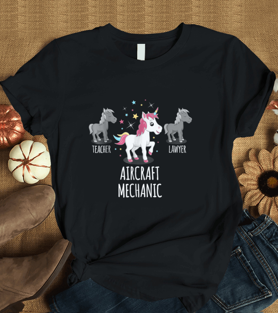 Whimsical Aircraft Mechanic Unicorn Surrounded by Teacher and Lawyer Horses T-Shirt