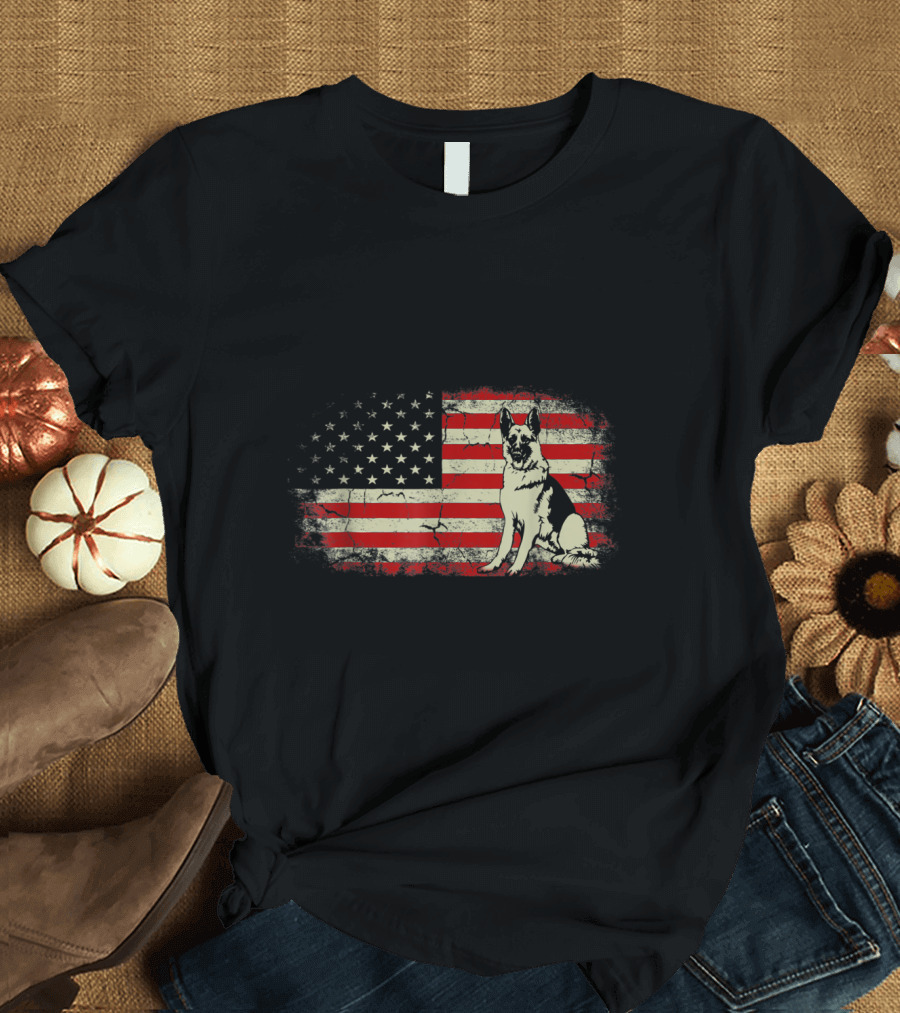 German Shepherd with American Flag Background T-Shirt
