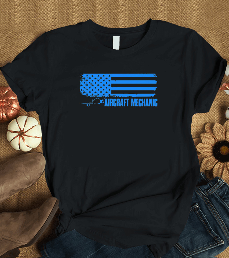 Aircraft Mechanic American Flag Blue T-Shirt