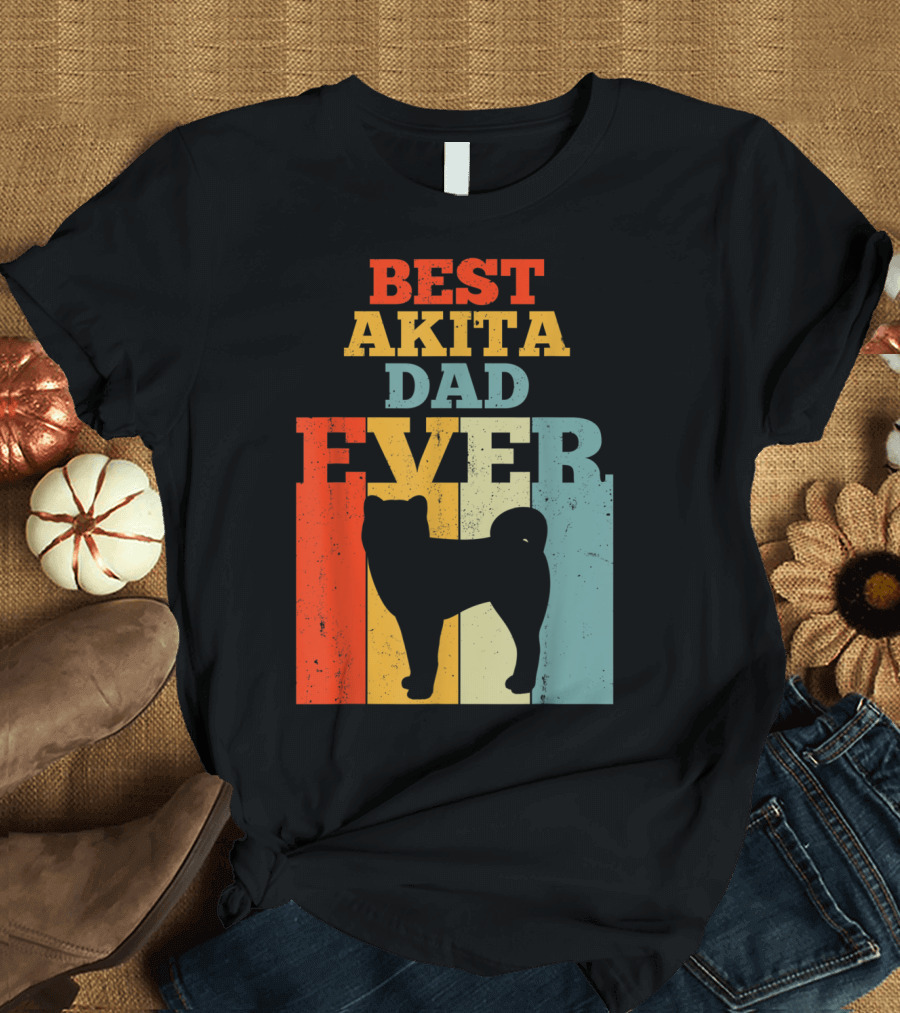 Best Akita Dad Ever Vintage Silhouette with Retro Stripes T-Shirt