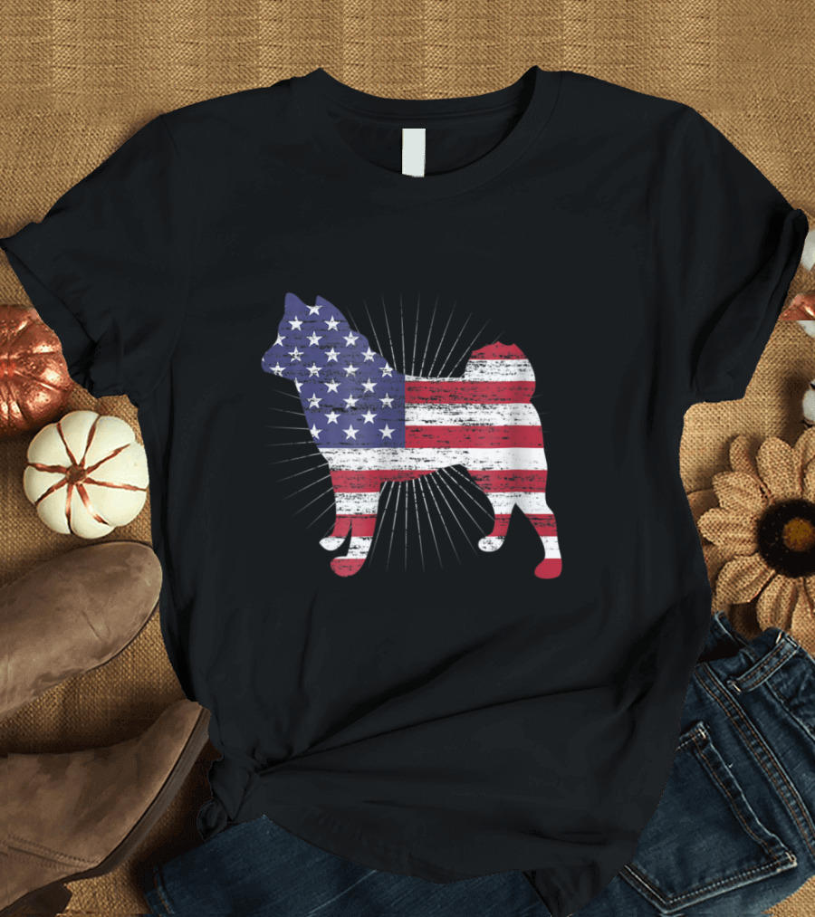 Akita Silhouette with American Flag Pattern Patriotic T-Shirt