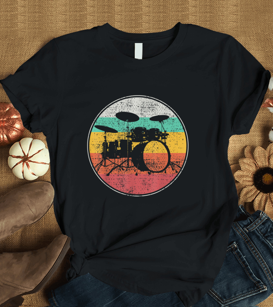 Retro Drumset Silhouette in Vintage Color Bands T-Shirt